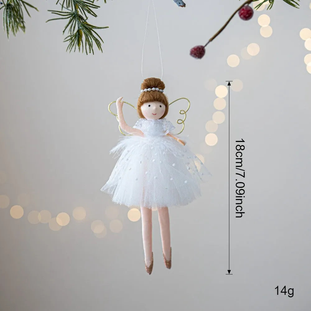 Pink cloth ballet girl plush doll with angel wings and pendant design on white background