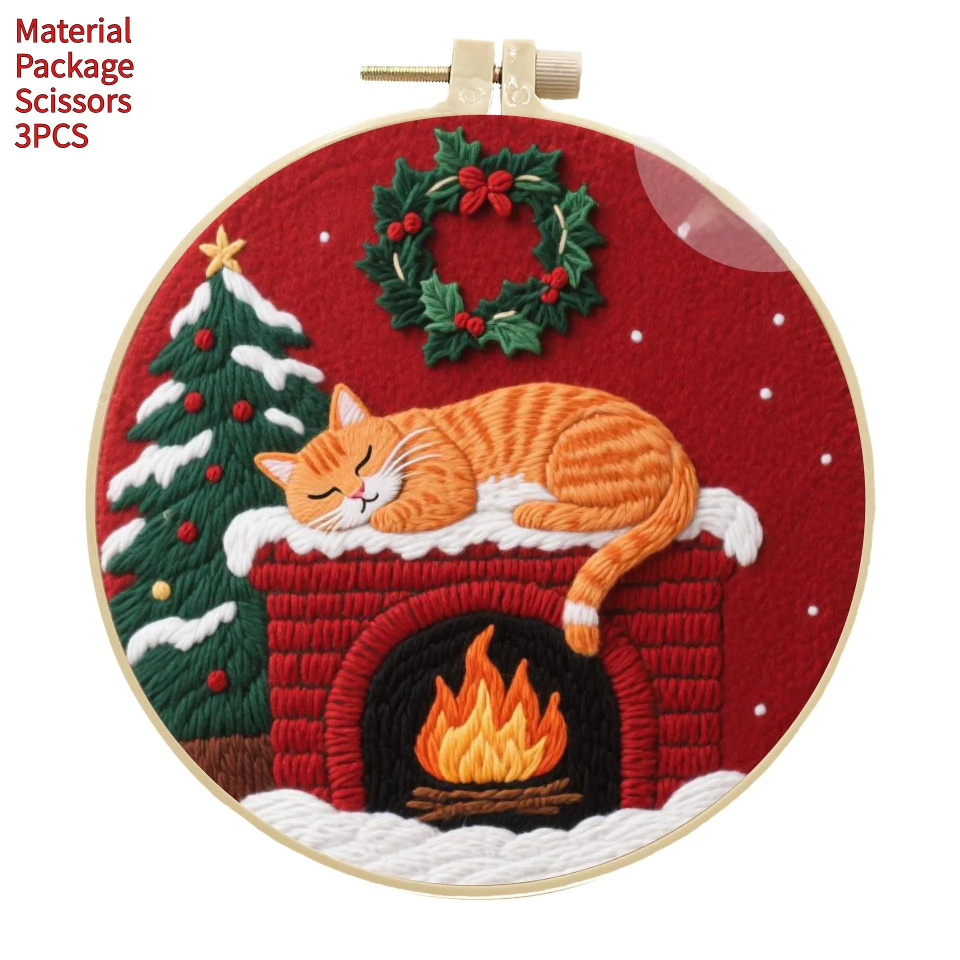Cat embroidery DIY material package with autumn fruit designs on cotton linen fabric and 20cm bamboo frame