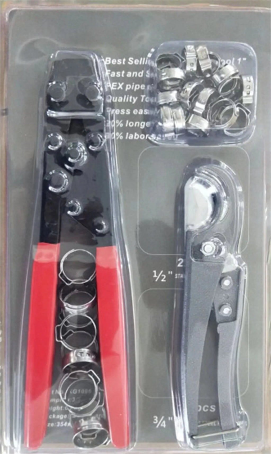 Red cloth style single ear metal PEX clamp with carbon steel cutting edge.
