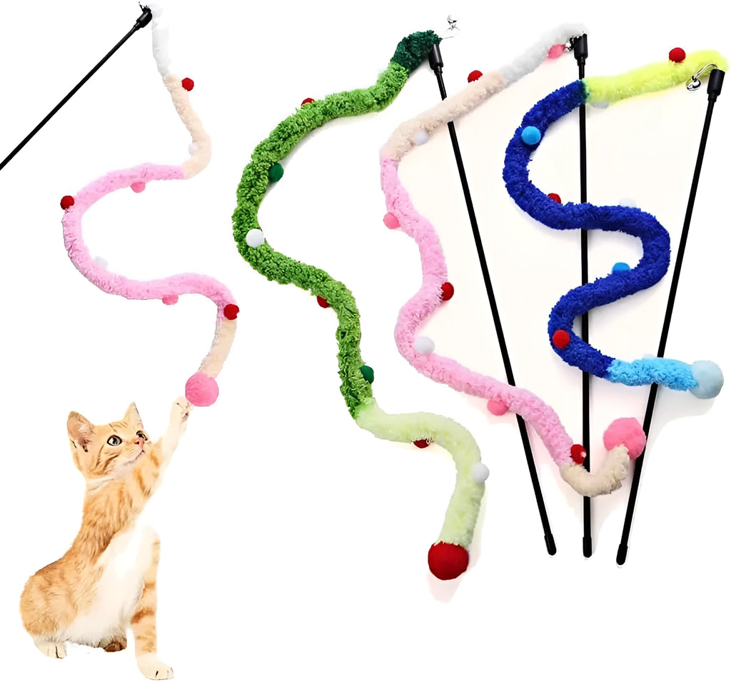Blue interactive cat wand toy with a long plush strip and a fluffy ball with bells.