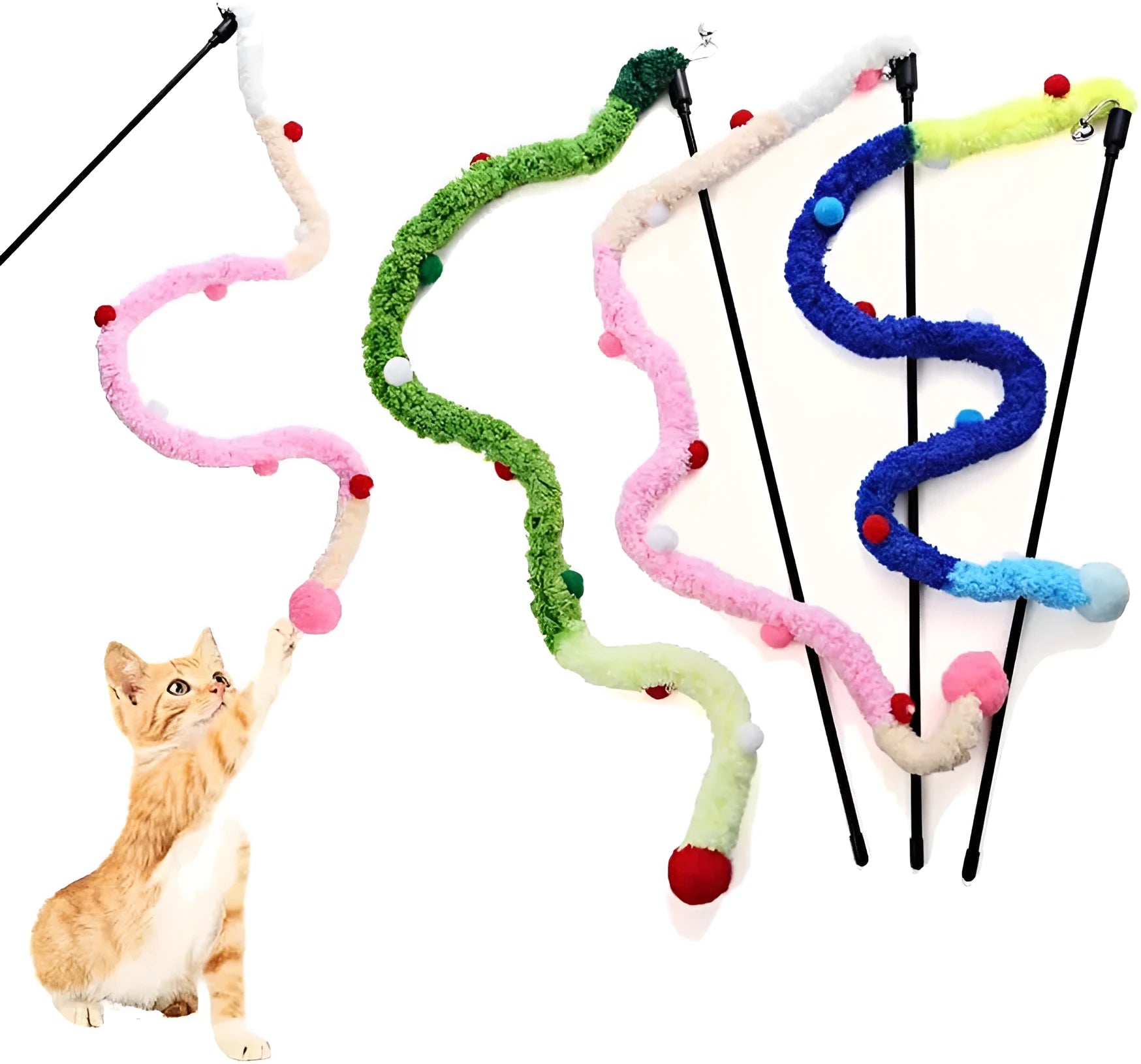 Blue interactive cat wand toy with a long plush strip and a fluffy ball with bells.