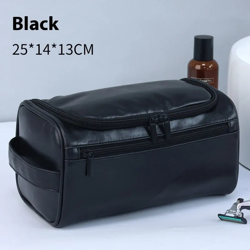 Large waterproof cosmetic storage bag in brown PU leather with a retro style design.