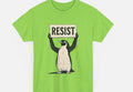 Straight cut loose fit cotton T-shirt in black, green, or white with short sleeves and round neck.