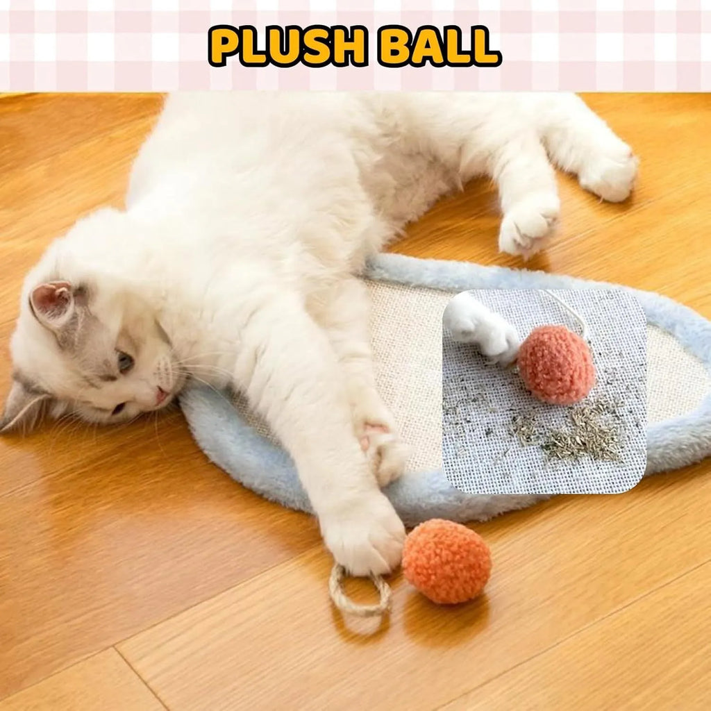 White cat scratching mat with sleeping cat pattern, natural sisal construction, wall mounted design