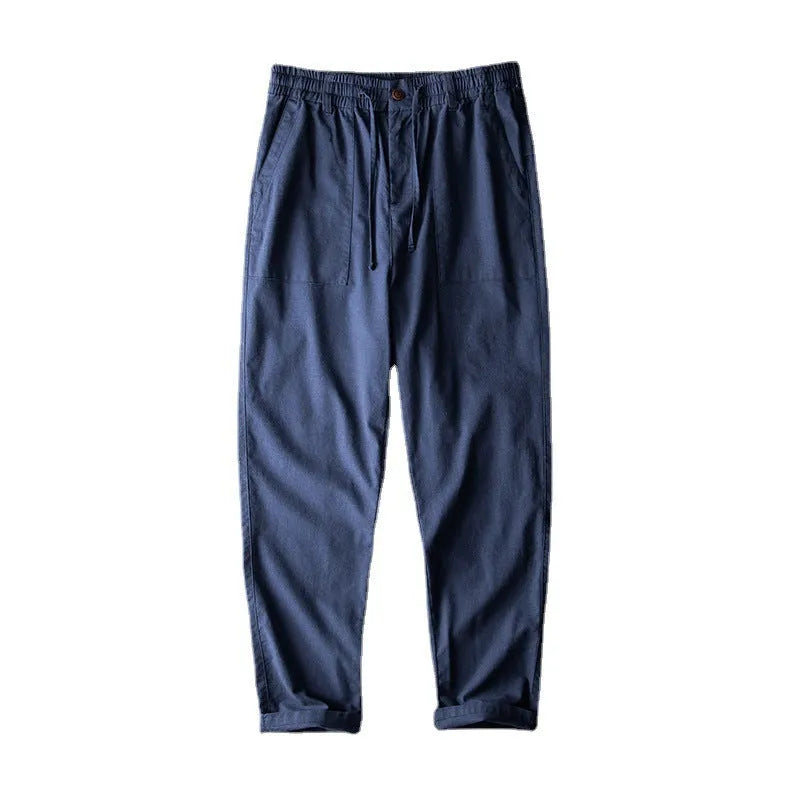Men's straight-leg linen trousers in a retro casual style, shown in a solid colour.