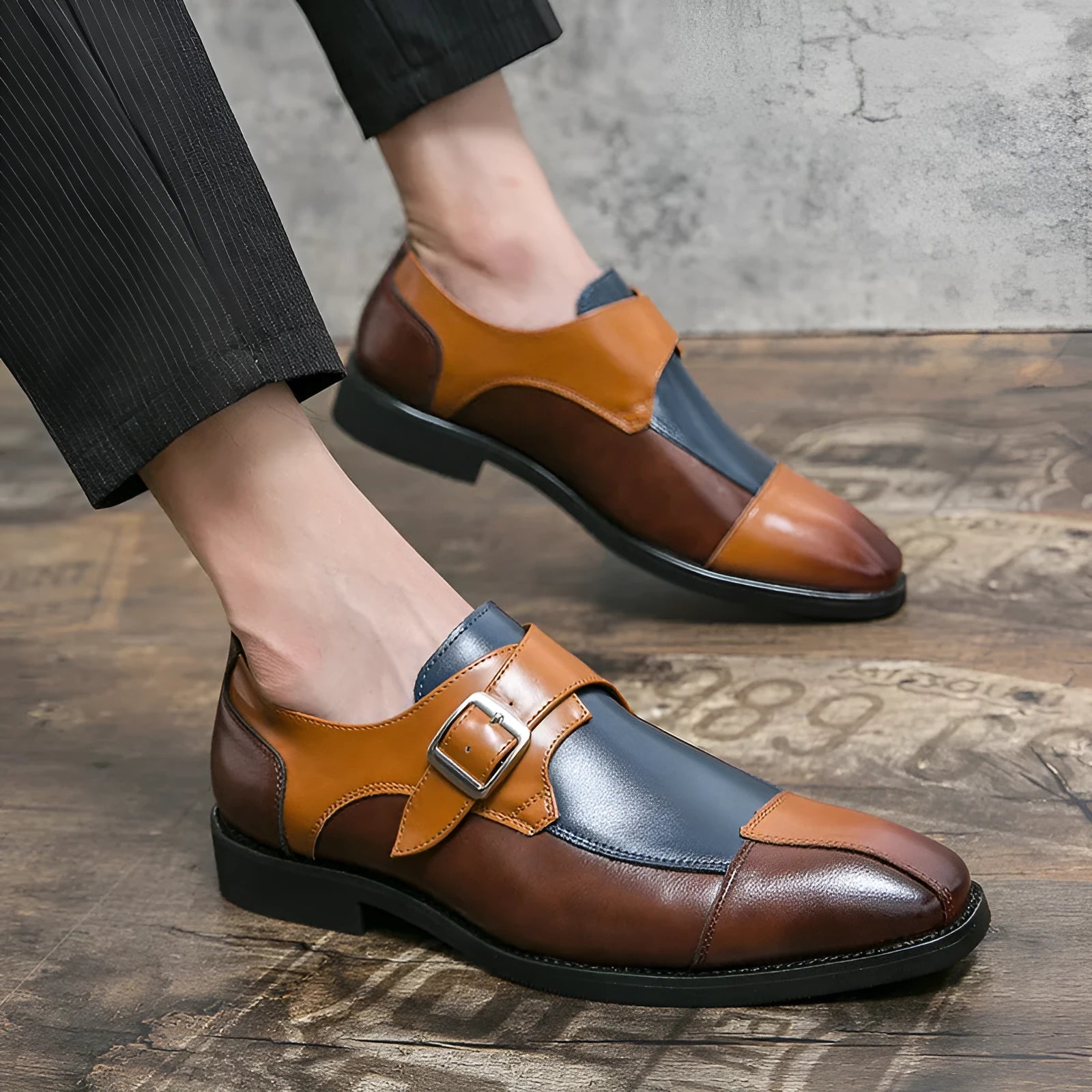 Men's brown blue retro buckle casual shoes with microfiber upper and adjustable closure