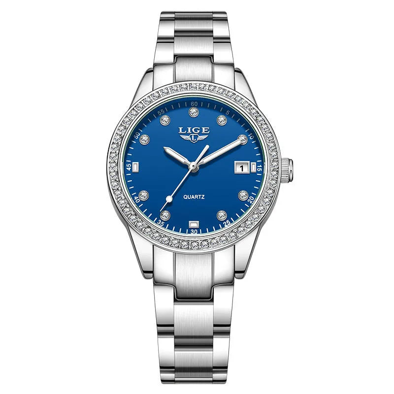 Women's silver fashion watch with diamond-encrusted bezel and luminous hands on 34mm stainless steel case