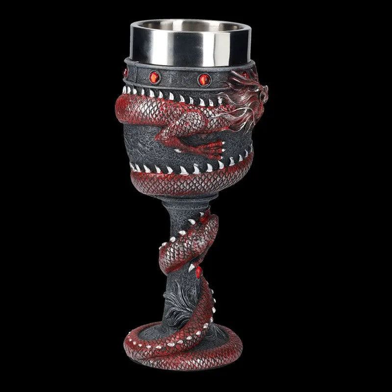 Red wine glass with 3D dragon design in gold colour, stainless steel and resin construction