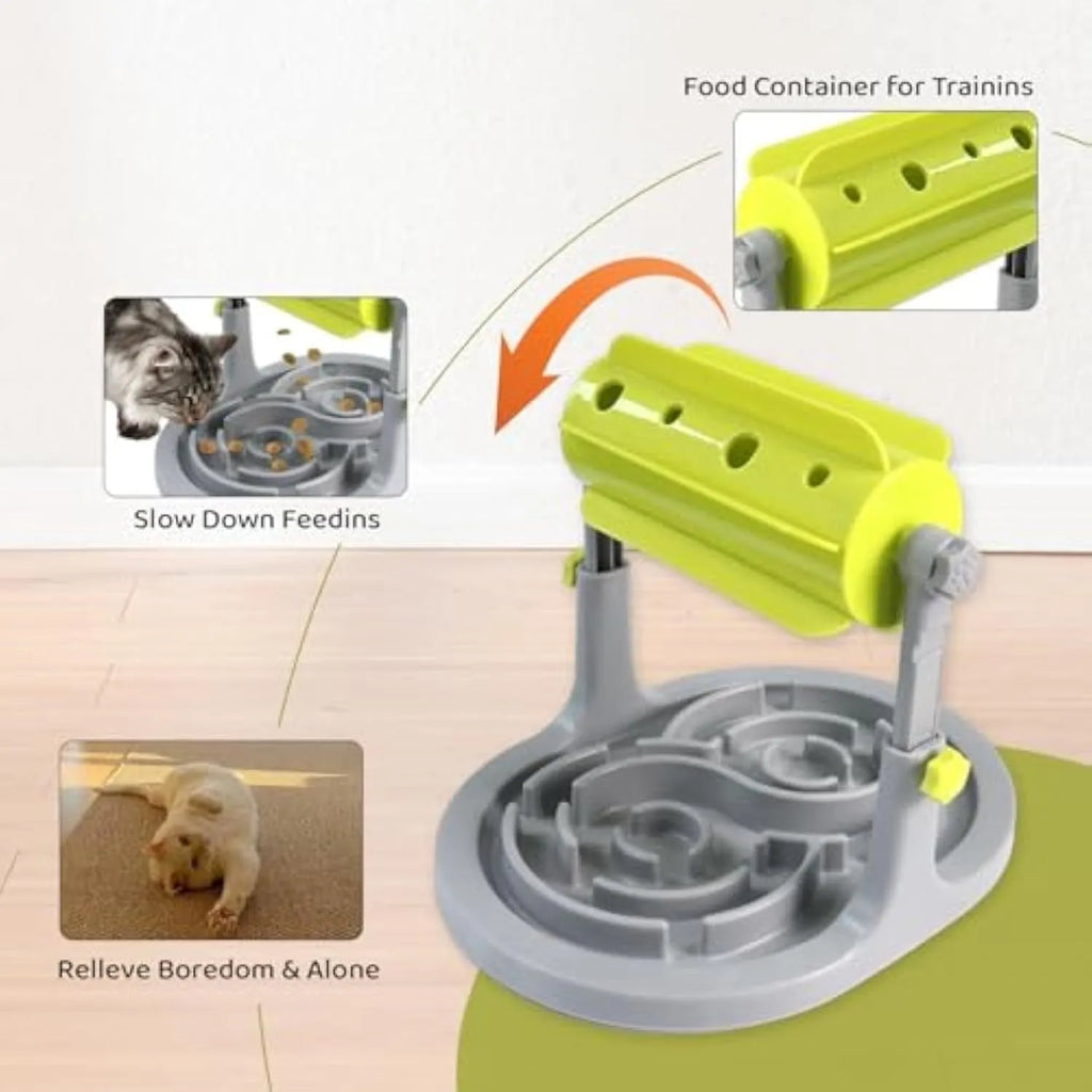 Interactive pet puzzle feeder with adjustable height and coloured plastic construction