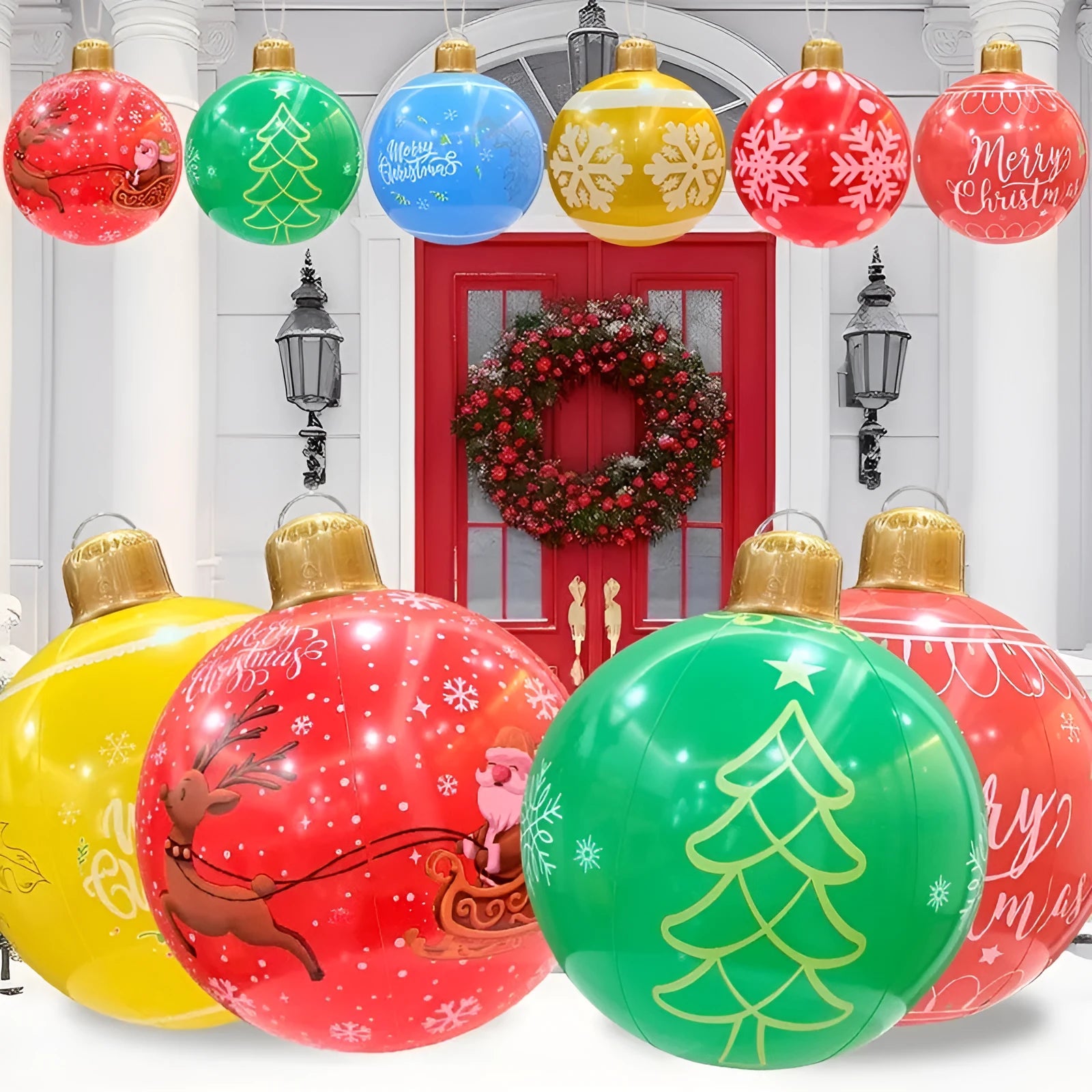 Large red and white inflatable Christmas ball with flashing lights standing in a garden.