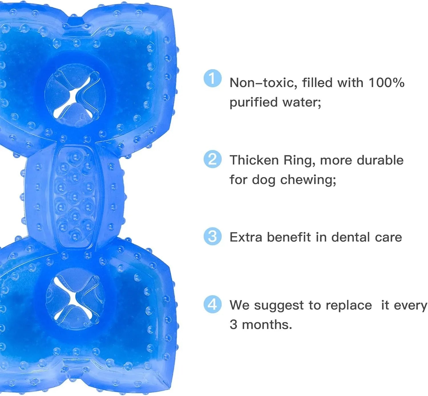 Freezable dog chew toy in bone and circle shapes for cooling and teething relief.