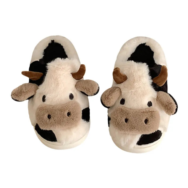 White cow plush slippers for women with non-slip textured soles