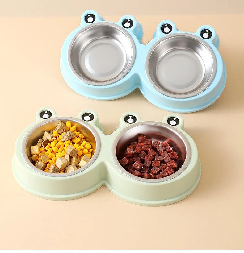 Stainless steel pet double bowl with food and water compartments in blue, green, and pink colour options