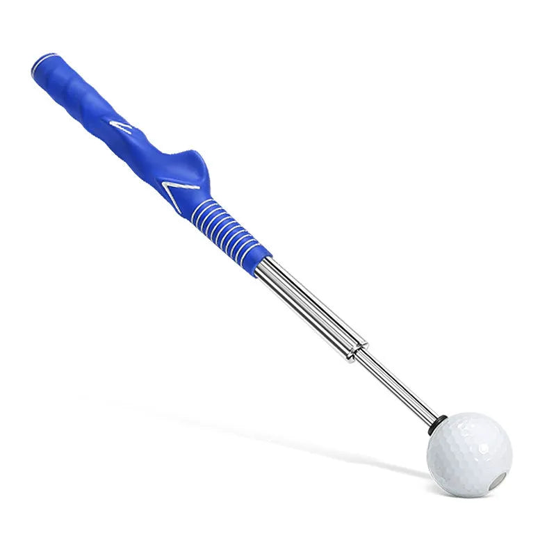 Telescopic golf swing simulator trainer in stainless steel, shown in black, blue, and red colour options.