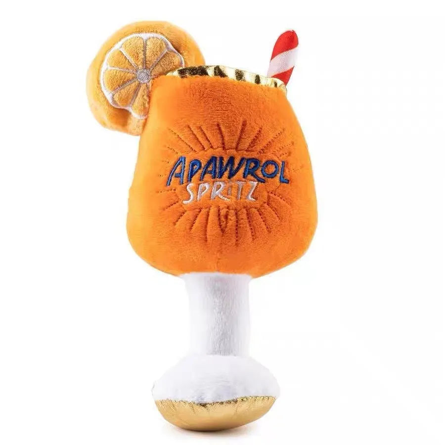 Yellow plush beer bottle squeaky dog toy with a dental cleaning feature.