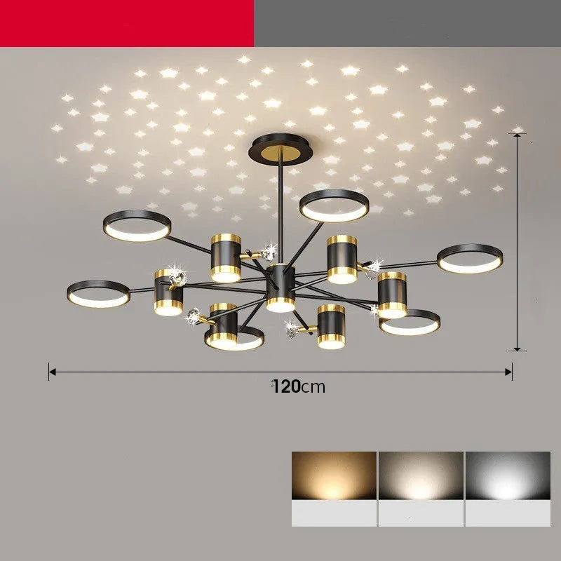 Black 13-head iron pendant chandelier with remote control and adjustable suspension