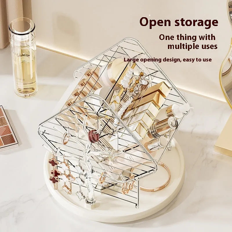 Rotating cosmetics storage box in clear or amber gold plastic with 360-degree rotation mechanism