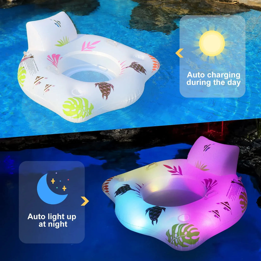 White luminous U-shaped inflatable float on water showing 120x120cm dimensions