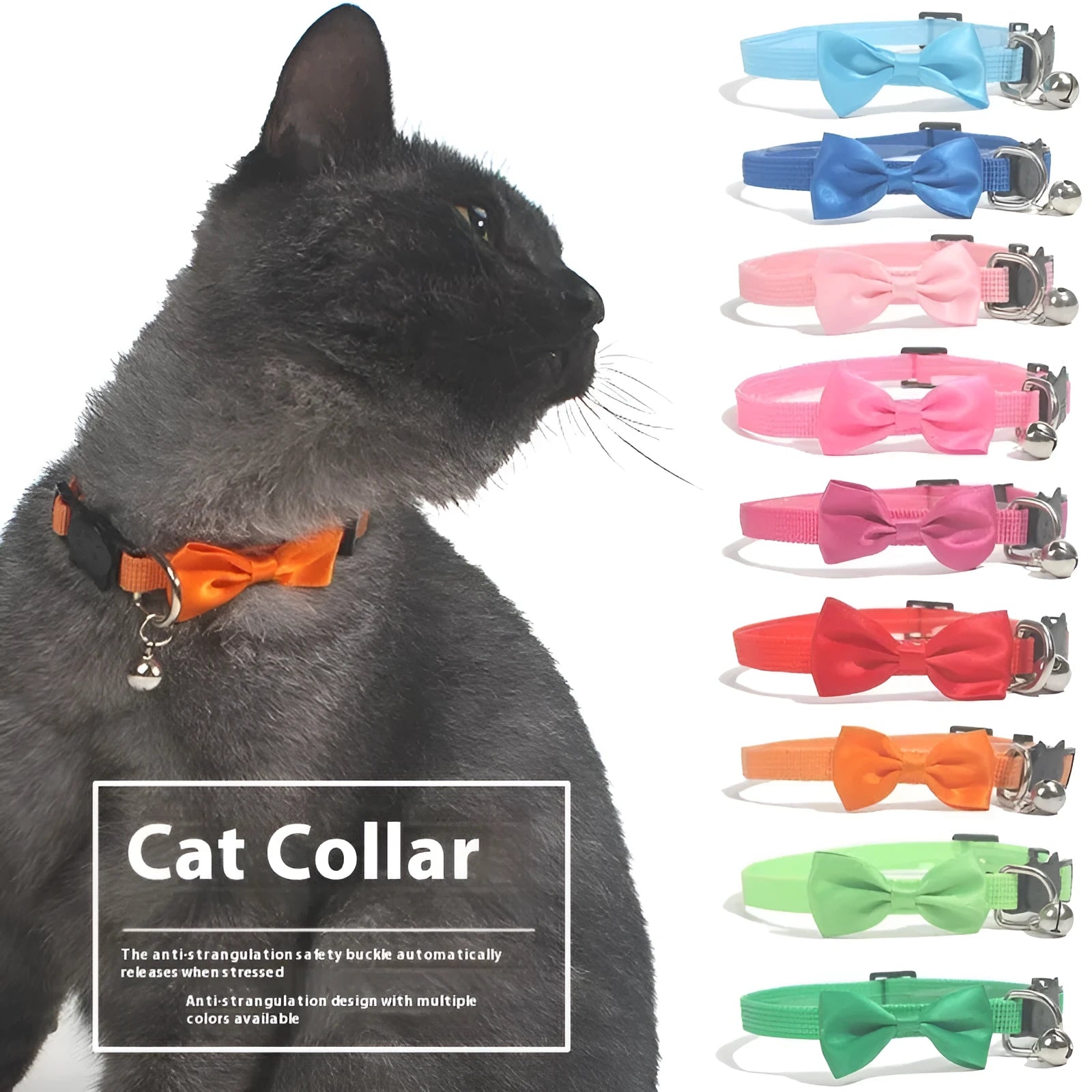 Colourful nylon pet bow collar with bell attachment and adjustable strap for cats