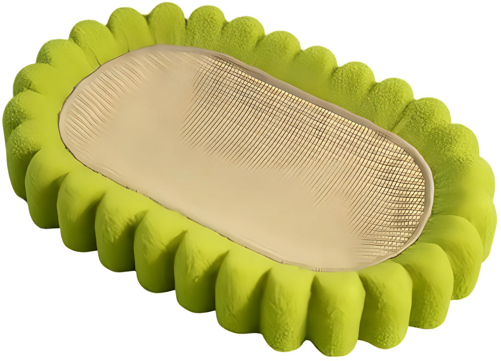Green oval-shaped cat scratch pad bowl with sisal scratching surface, functioning as a cat bed.