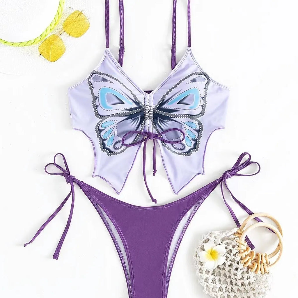 Women's purple bikini swimsuit with bow tie straps and European style briefs