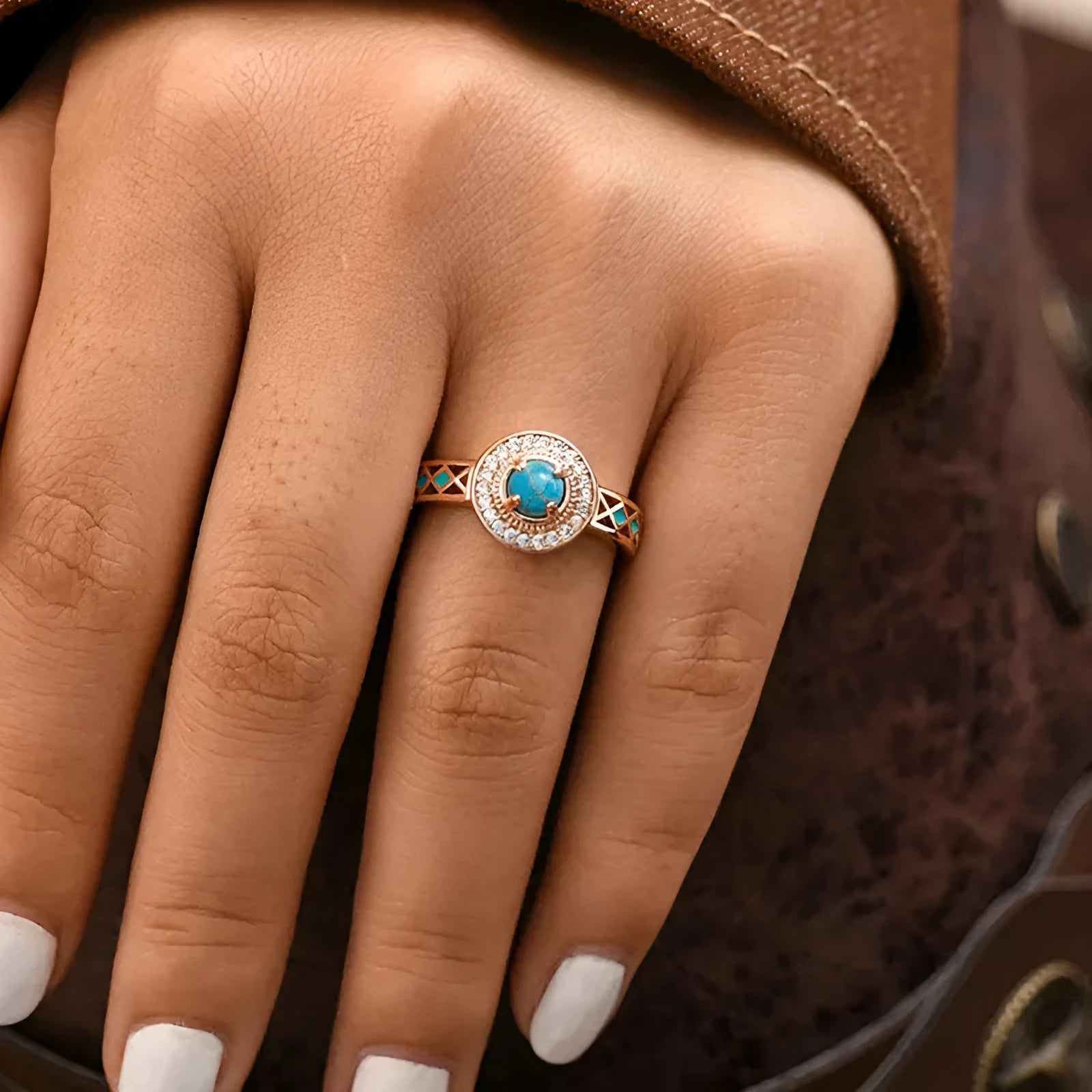Women's turquoise ethnic style ring with oil micro inlaid zircon on rose gold copper geometry band