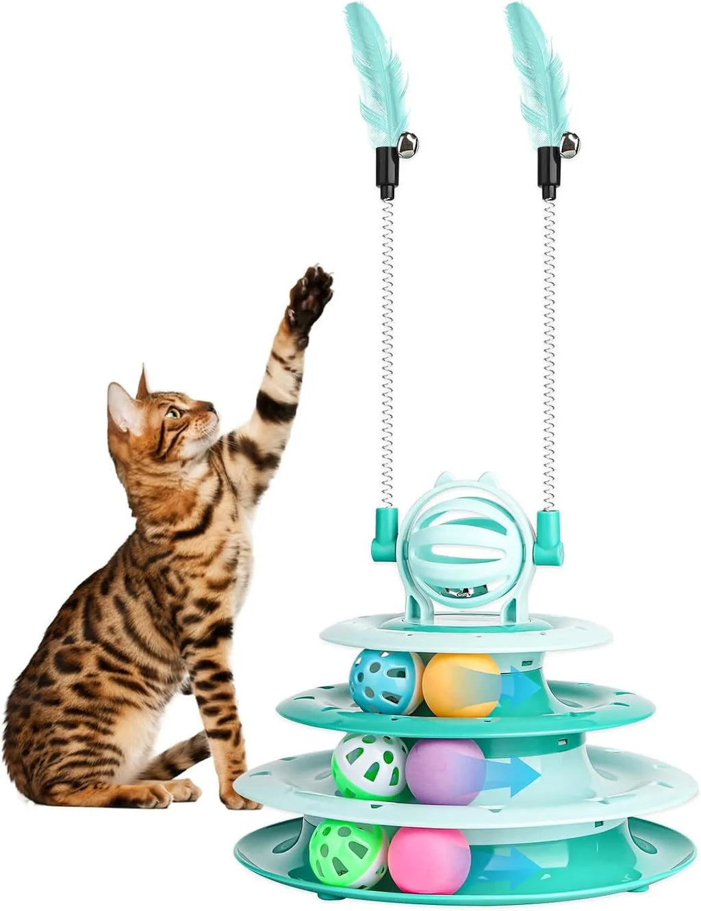 Blue 4-tier interactive cat puzzle toy with balls and teasing rods on a non-slip base.
