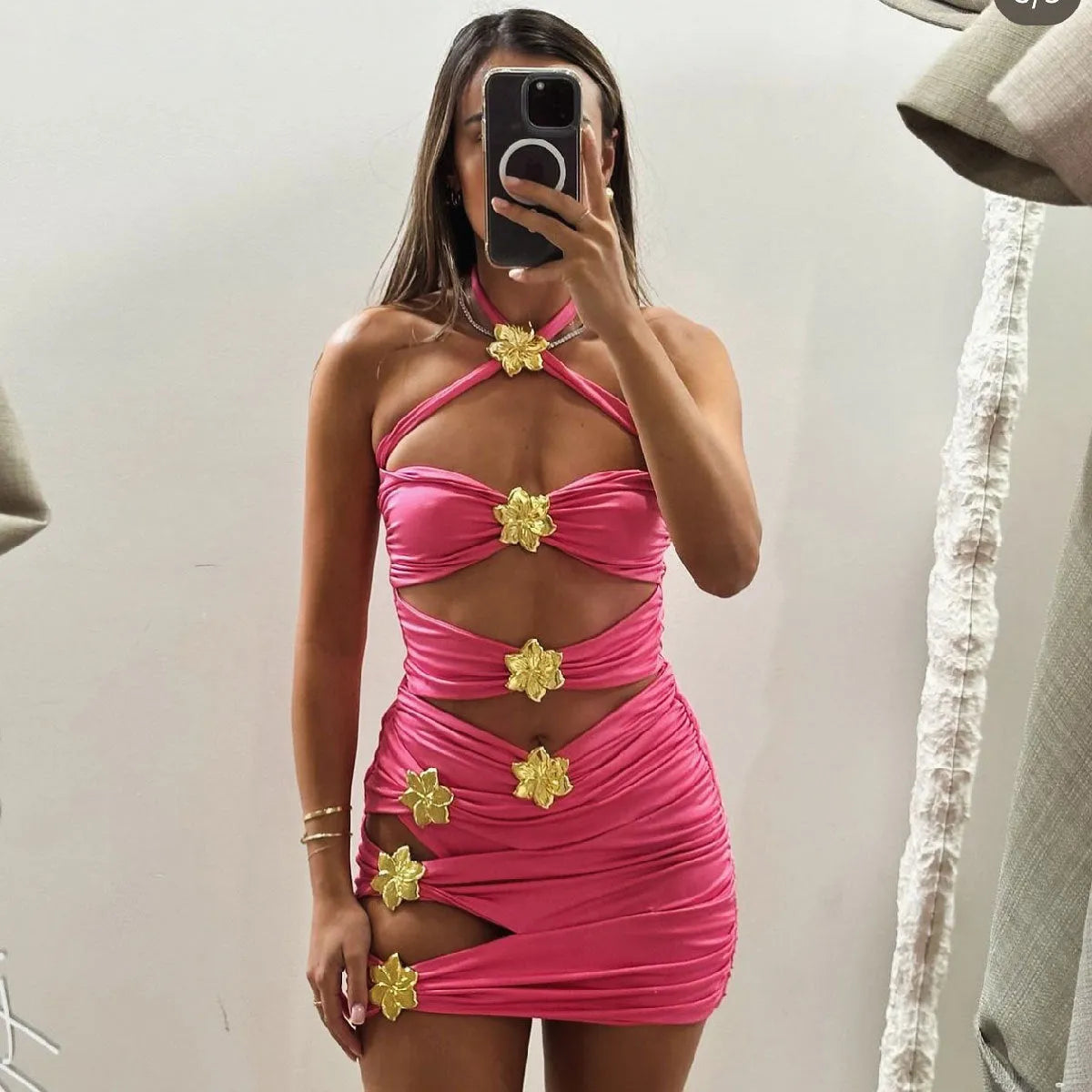 Women's solid colour one-piece swimsuit with detachable short skirt and hollow-out tube top design