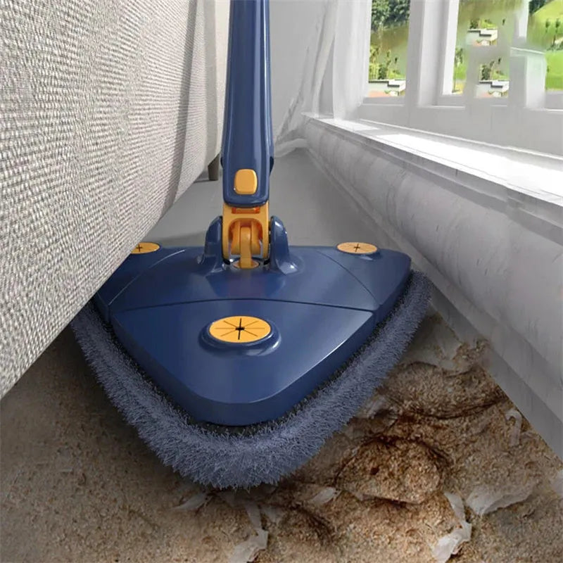 Extendable triangle mop with rotating blue head and stainless steel pole for cleaning corners and walls