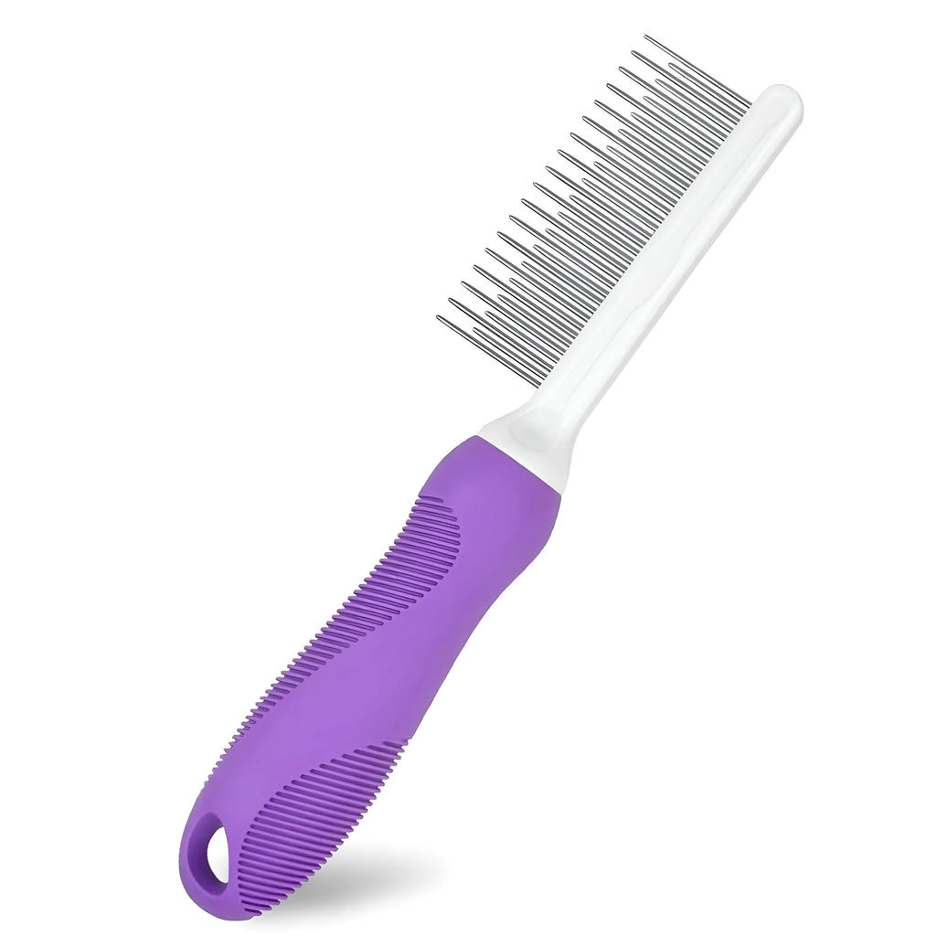 Purple pet grooming comb with stainless steel teeth for detangling dog and cat fur