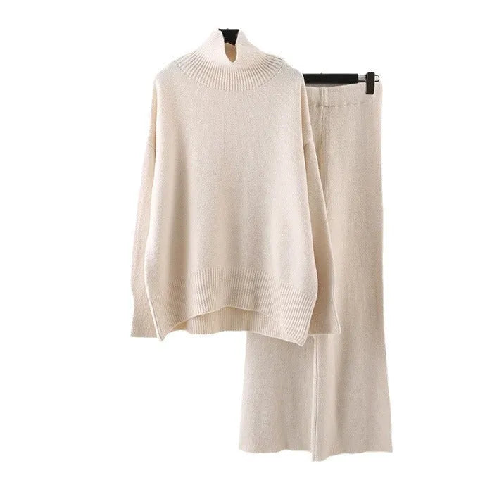 Women's acrylic fibre sweater and wide leg pants two-piece set in beige, black, grey, khaki or pink