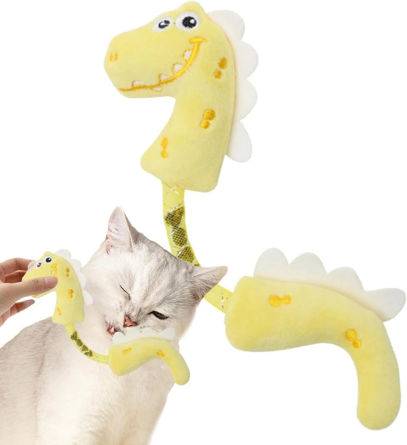 Set of four colourful plush cat toys including a fish, mouse, bunny, and rope on a plain background.