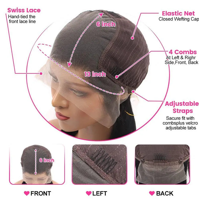 Black straight human hair wig with a 13x6 lace front, shown in a long length