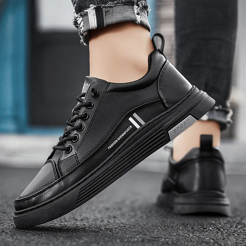 Men's white and black microfiber skateboard shoes with elastic band closure and rubber sole