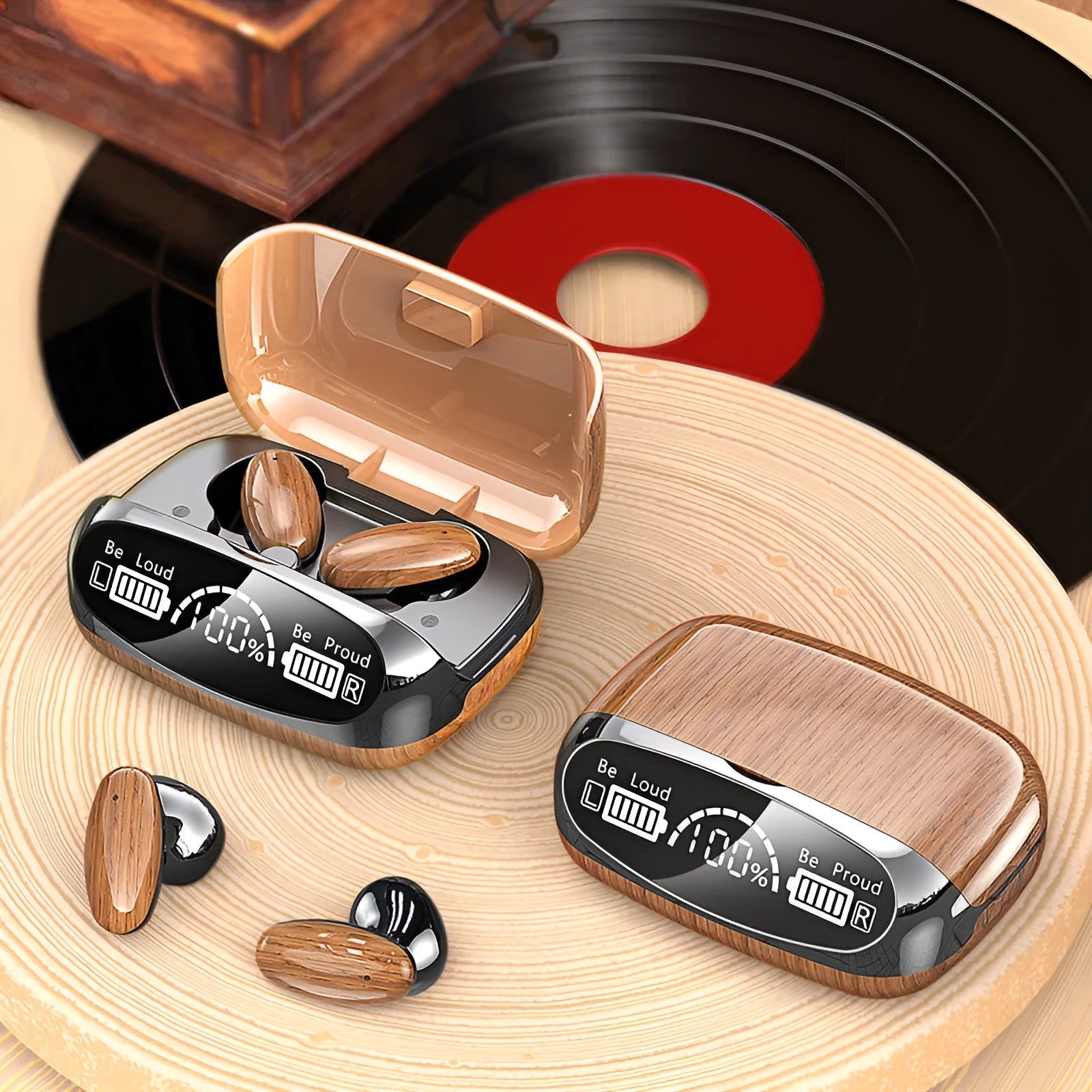 M35 wood grain wireless Bluetooth earbuds with charging case on a neutral background