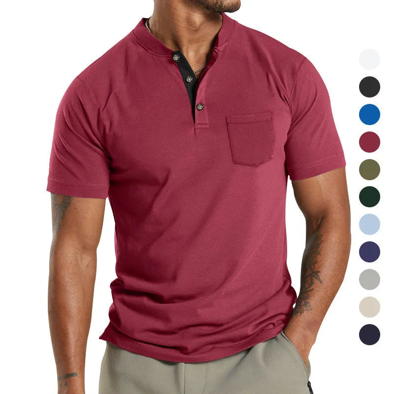 Men's plus size solid colour short sleeve polyester shirt with a button pocket on the chest.