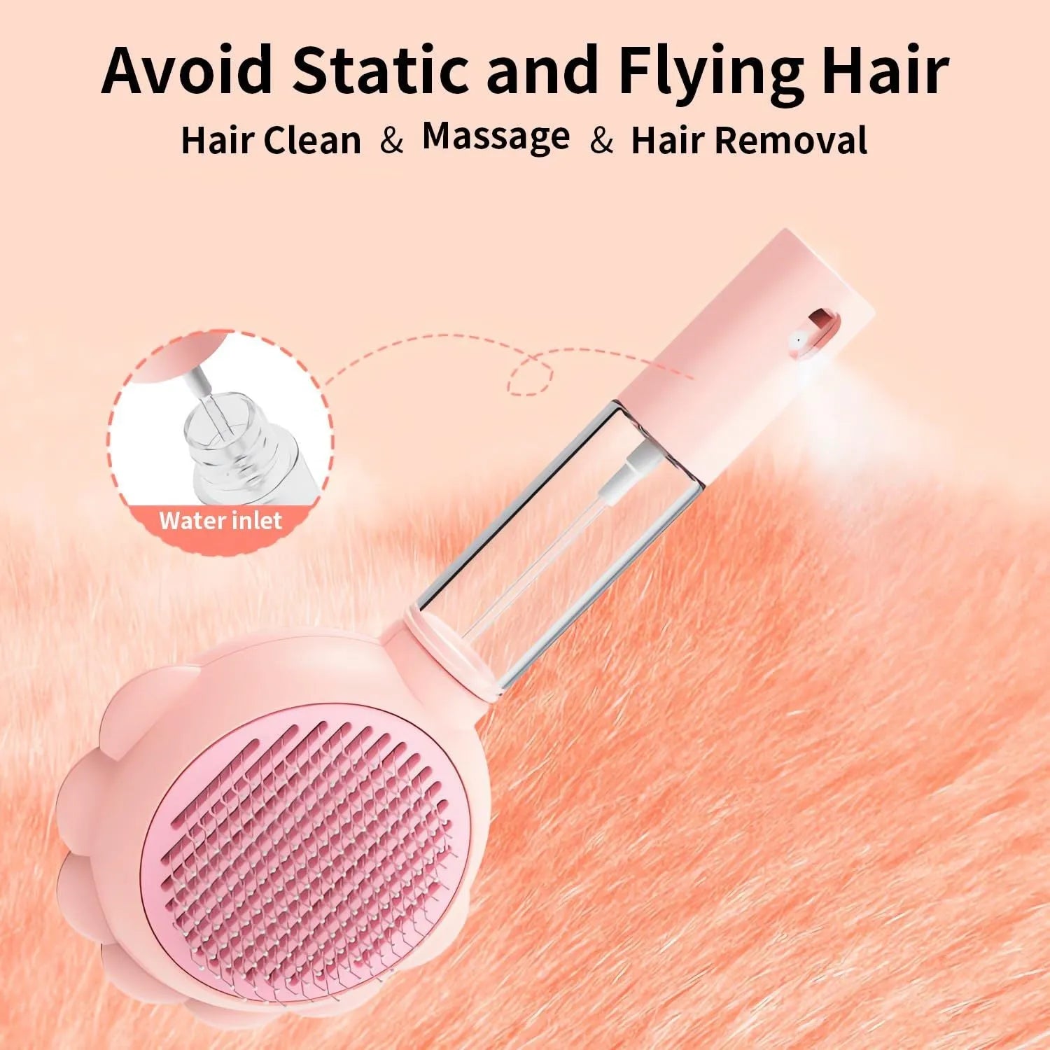 Grey spray cat grooming brush with self-cleaning button and stainless steel bristles on a white background