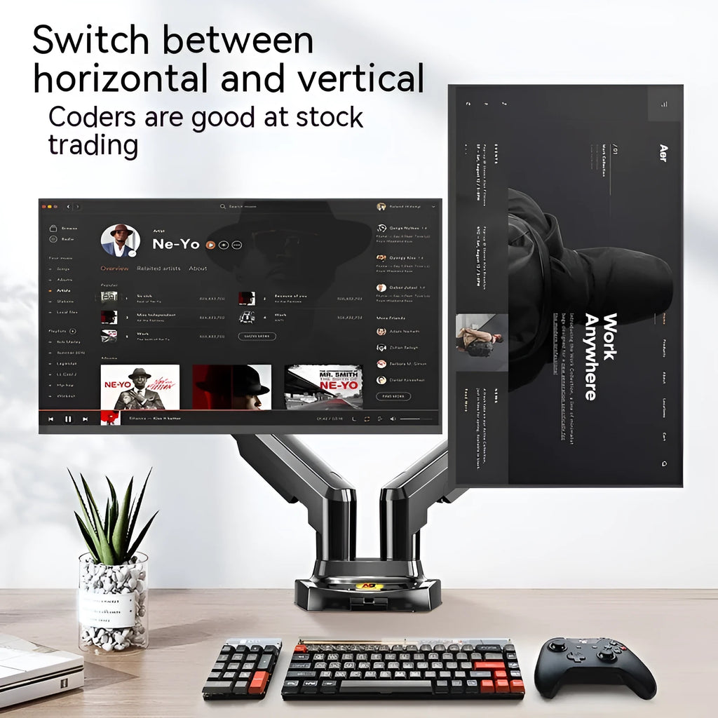 Dual screen monitor bracket with lifting adjustment mechanism showing VESA mounting holes