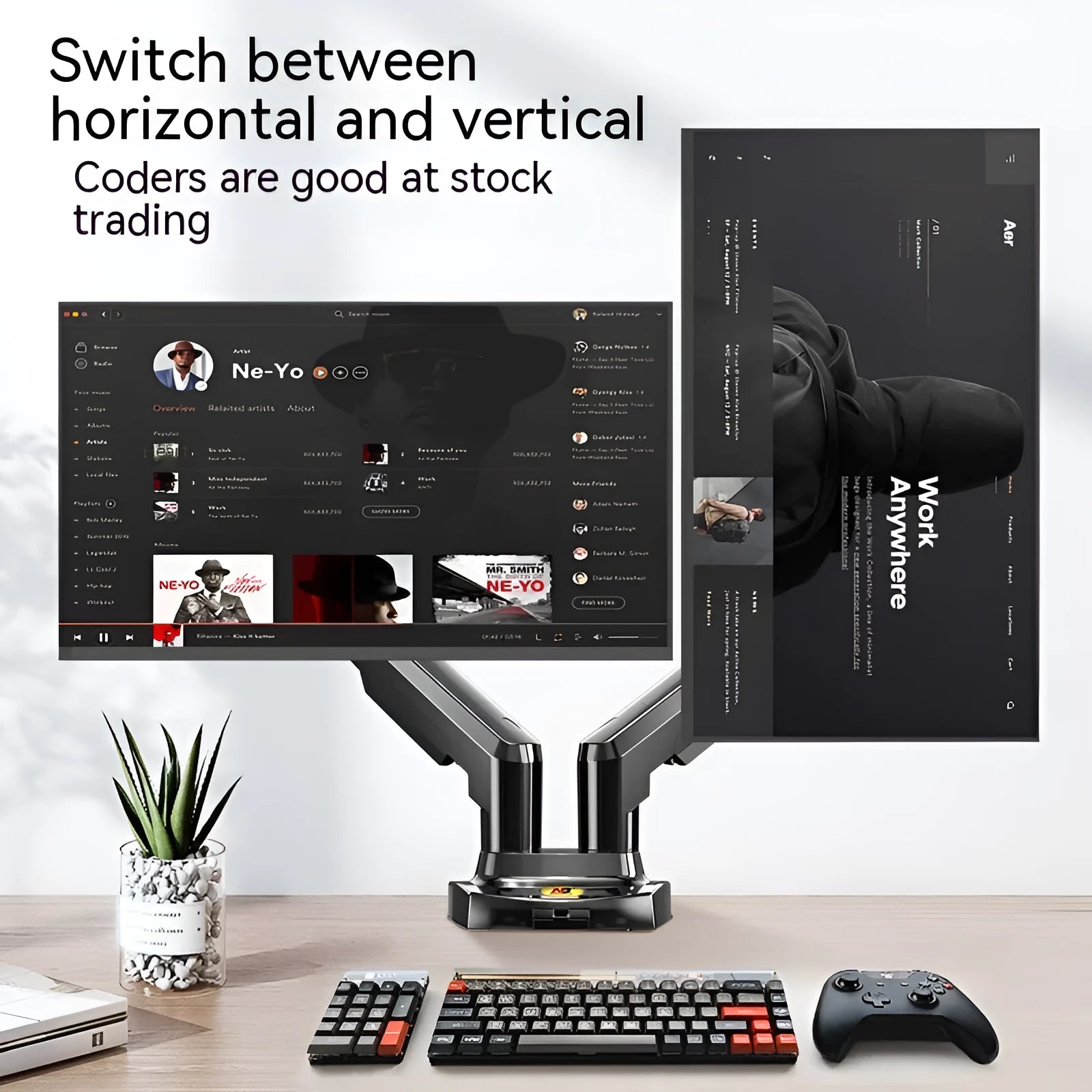 Dual screen monitor bracket with lifting adjustment mechanism showing VESA mounting holes