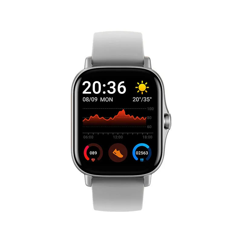 GT20 smart watch with black alloy case and silicone strap showing heart rate monitoring on screen