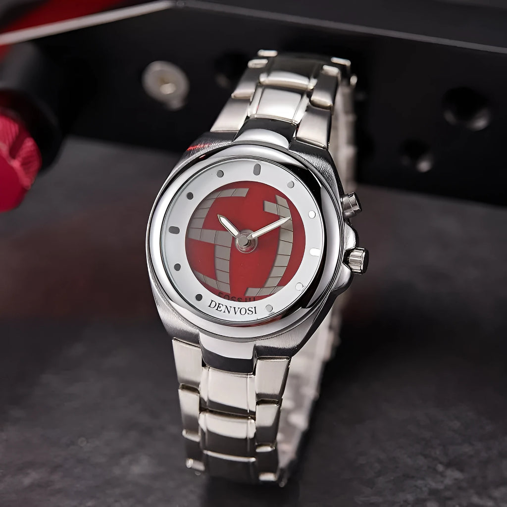 Y2K style men's digital watch with dual display and red face on alloy strap