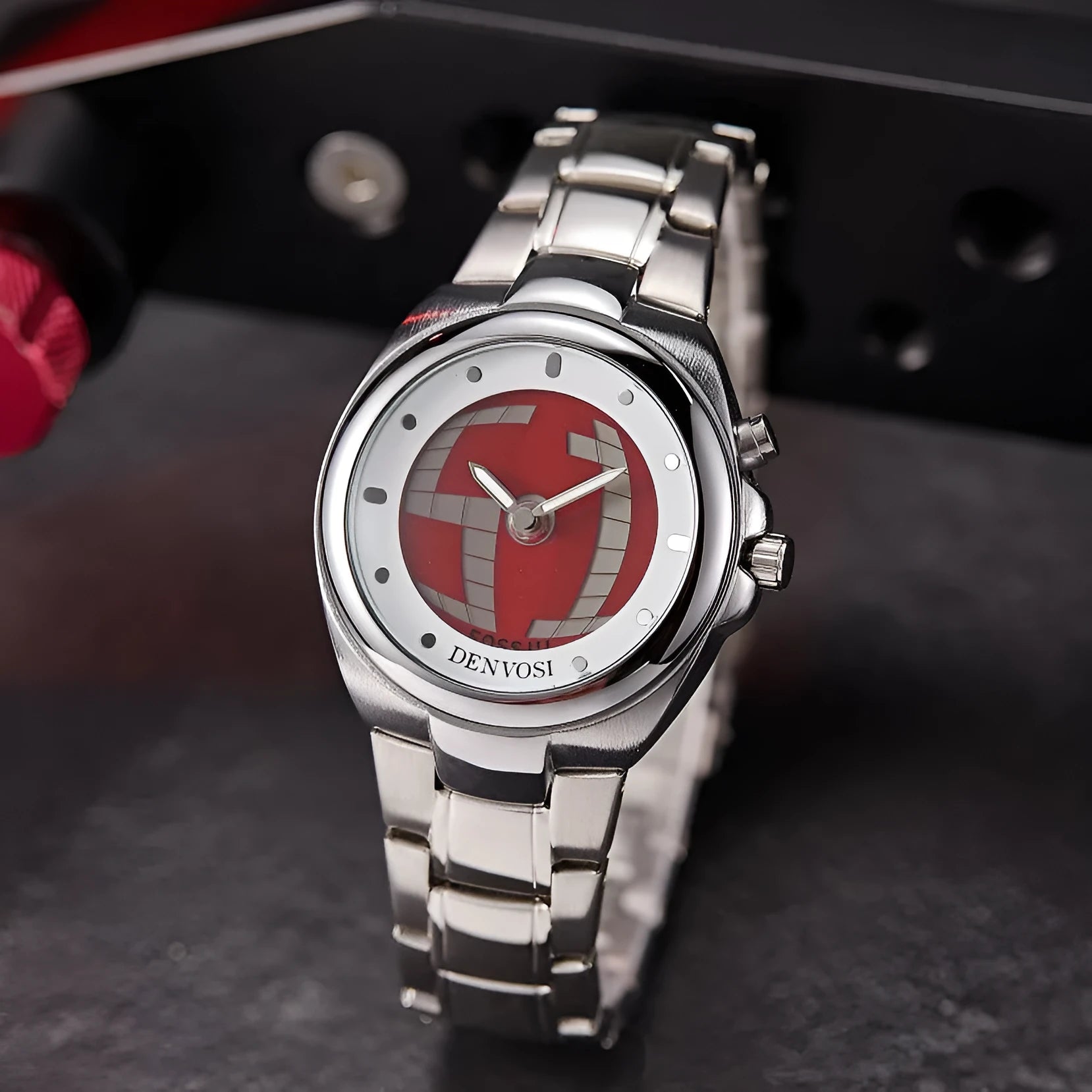 Y2K style men's digital watch with dual display and red face on alloy strap