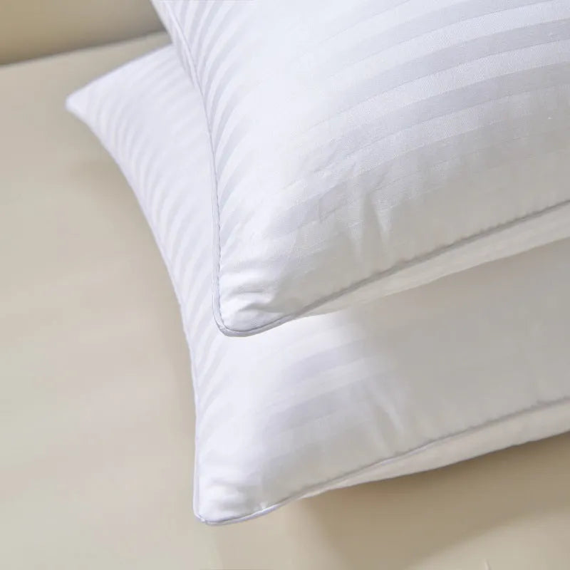 White hotel pillow with satin stripe or plain cotton cover, shown in 45x65cm, 48x74cm, and 50x80cm sizes.