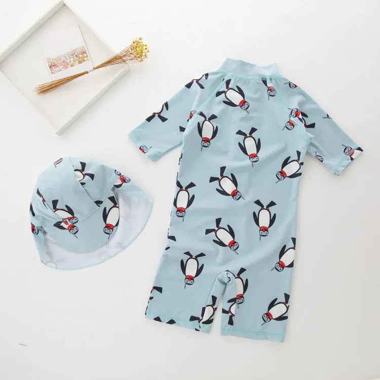 Boy's long sleeve swimsuit with penguin design swimming cap for sun protection