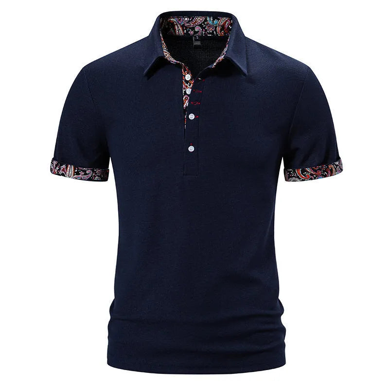 Men's cotton blend polo shirt with colour stitching on turnover collar in navy blue