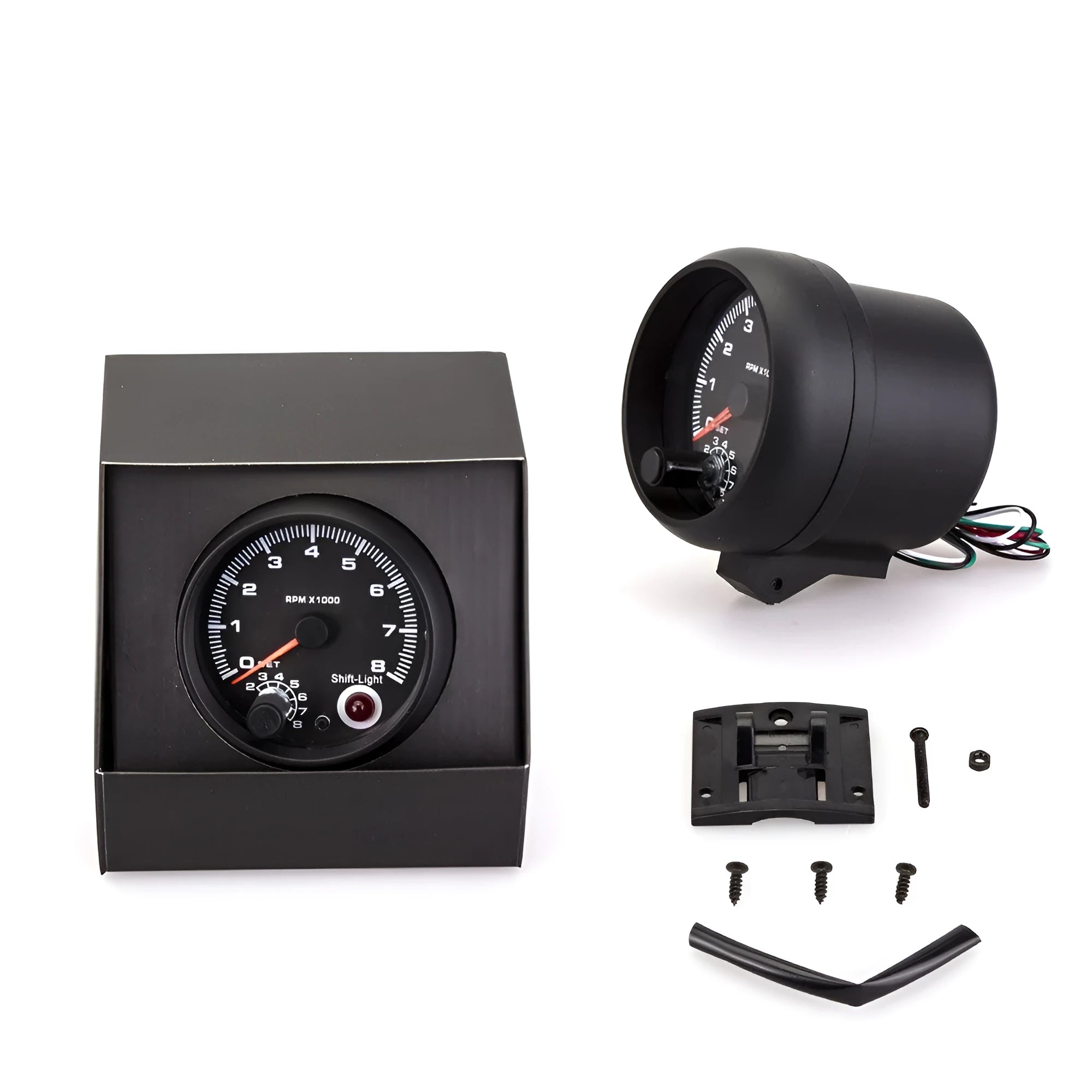 Black automotive tachometer with blue light pointer display for car engine RPM measurement