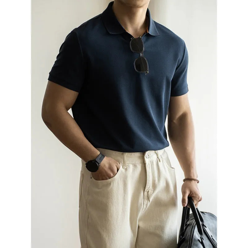 Men's blue cotton polyester blend short sleeve polo shirt American-style regular fit