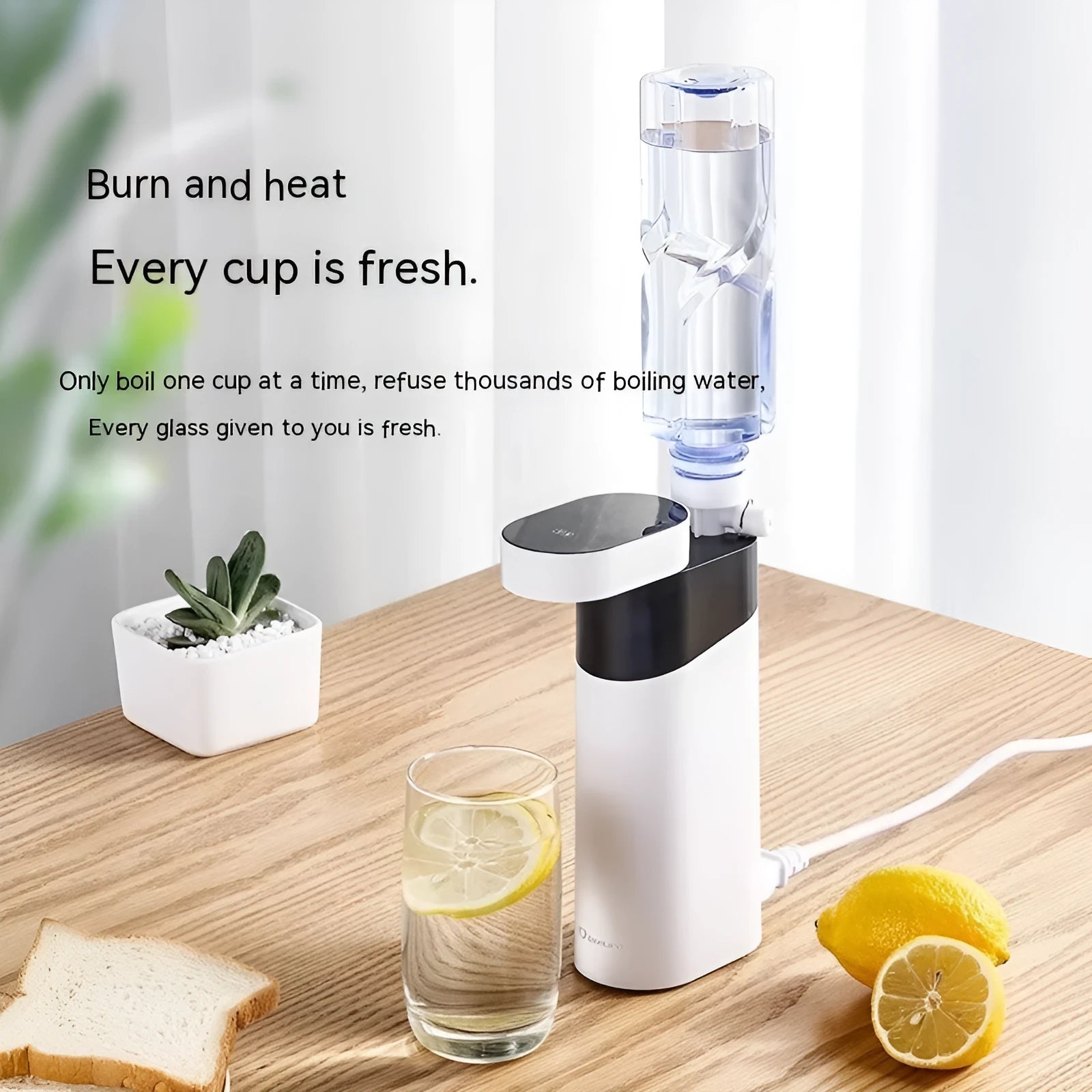 Desktop instant water dispenser with nano heating film in black or green colours showing compact design