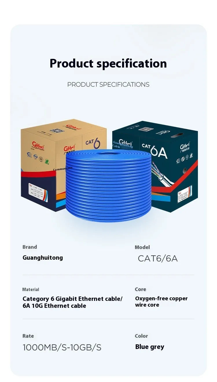 305-metre drum of blue Cat 6 oxygen-free copper gigabit network cable with specifications label.