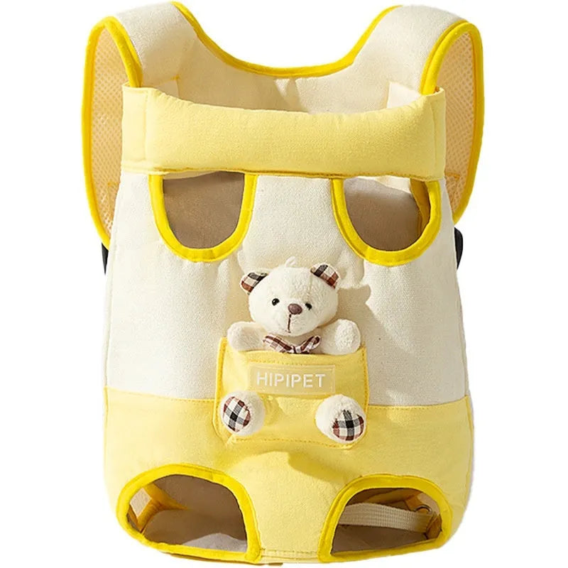 Cartoon animal pattern pet carrier chest bag in soft canvas with decorative ribbon and colourful stitching